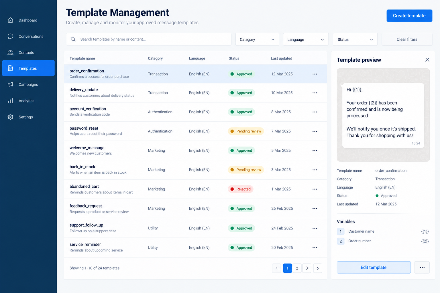 Onto Connect template management screen with approval status and preview
